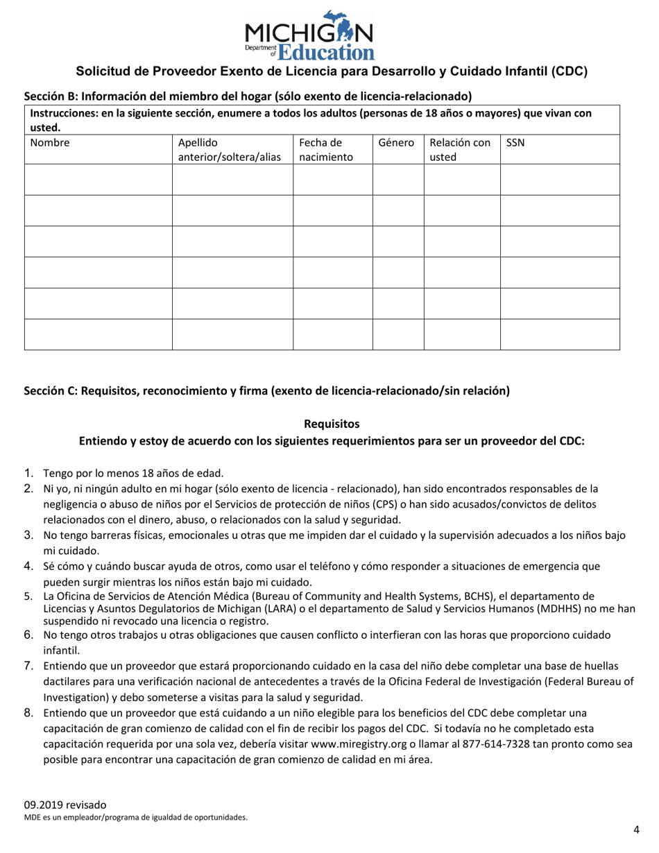 Solicitud De Proveedor Exento De Licencia Para Desarrollo Y Cuidado Infantil (CDC) - Michigan (Spanish), Page 4
