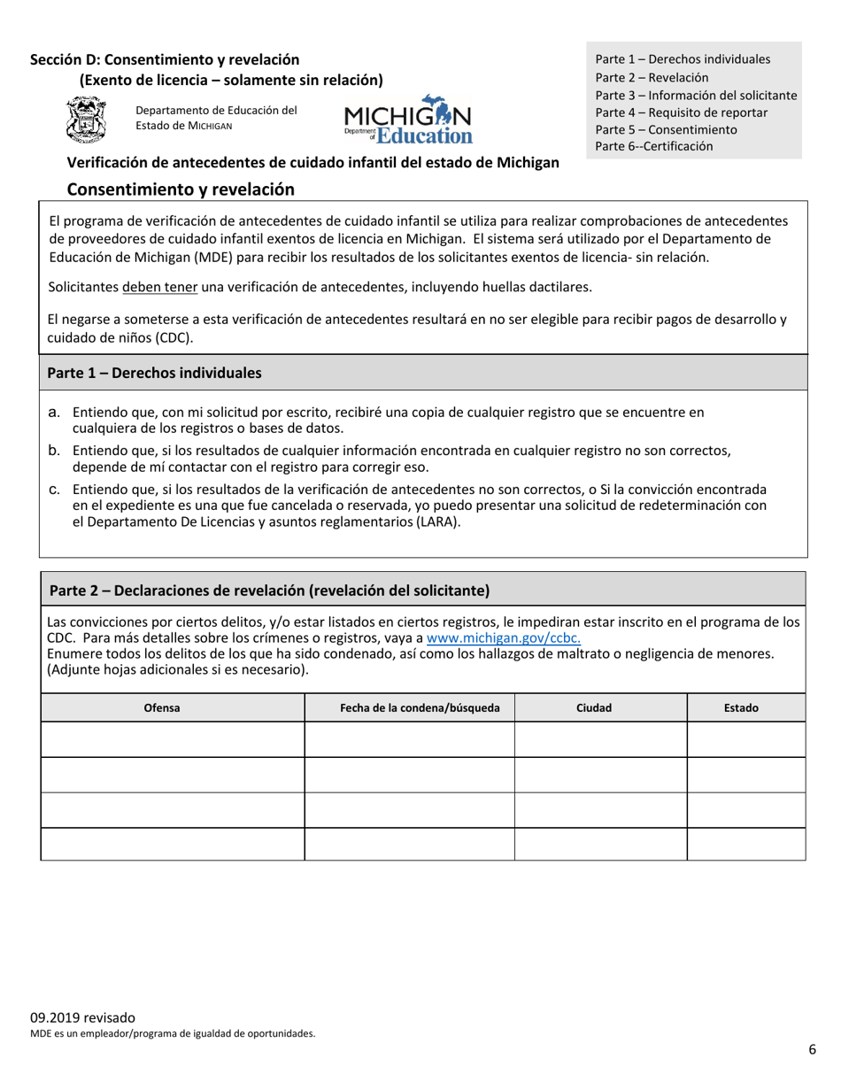 Solicitud De Proveedor Exento De Licencia Para Desarrollo Y Cuidado Infantil (CDC) - Michigan (Spanish), Page 6