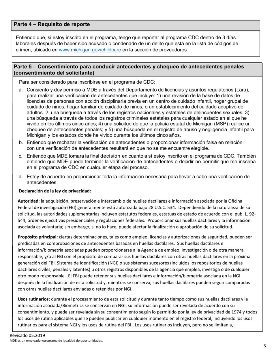 Verificacion De Antecedentes De Cuidado Infantil Del Estado De Michigan Consentimiento Y Revelacion - Michigan (Spanish), Page 3
