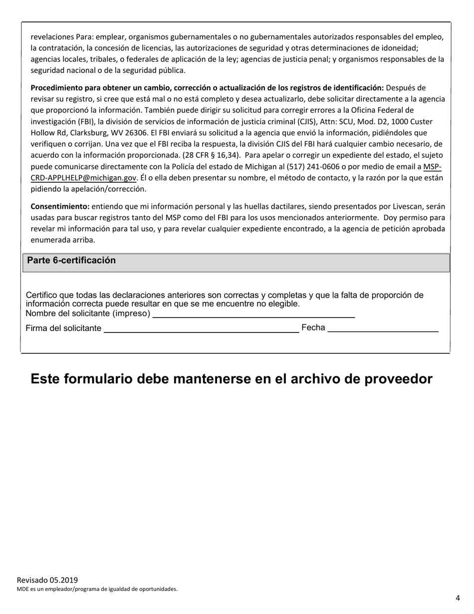 Verificacion De Antecedentes De Cuidado Infantil Del Estado De Michigan Consentimiento Y Revelacion - Michigan (Spanish), Page 4