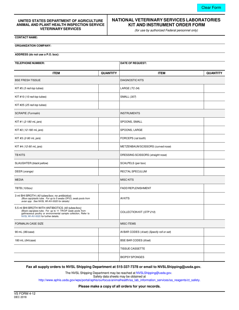 VS Form 4-12 National Veterinary Services Laboratories Kit and Instrument Order Form, Page 1