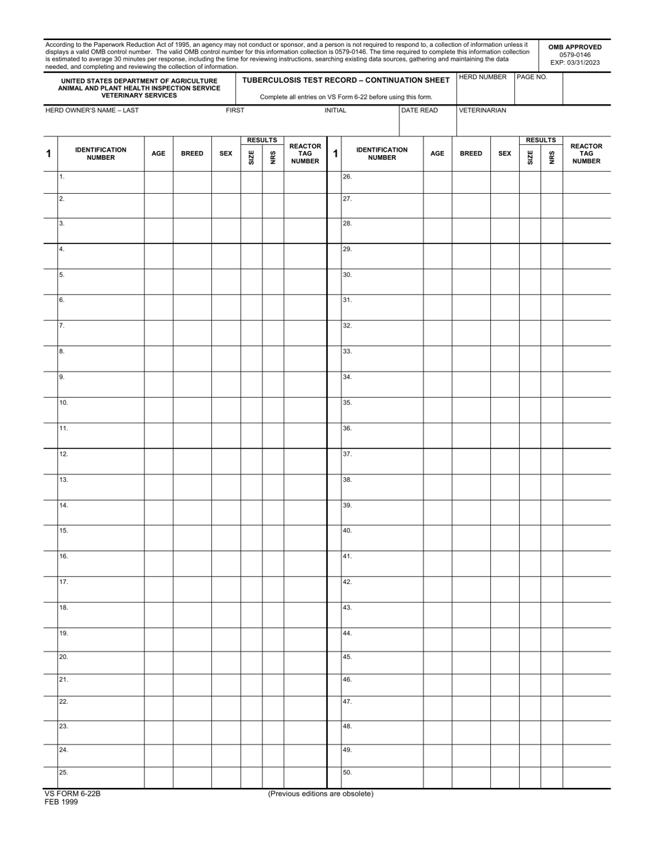 VS Form 6-22B Tuberculosis Test Record - Continuation Sheet, Page 1