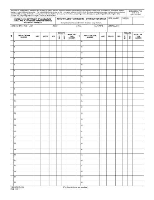 VS Form 6-22B Tuberculosis Test Record - Continuation Sheet