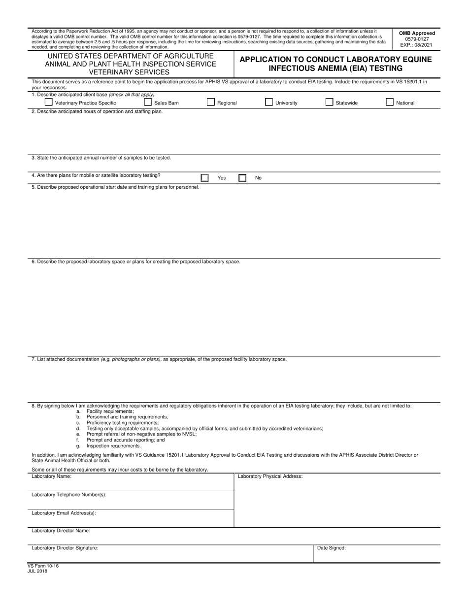 VS Form 10-16 Application to Conduct Laboratory Equine Infectious Anemia (Eia) Testing, Page 1