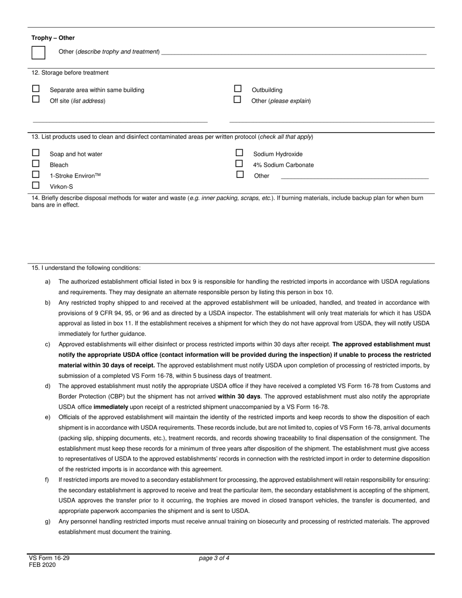 VS Form 16-29 Approved Establishment Request and Agreement to Handle Restricted Animal Byproducts (Hunting Trophies  Museum Specimens), Page 3