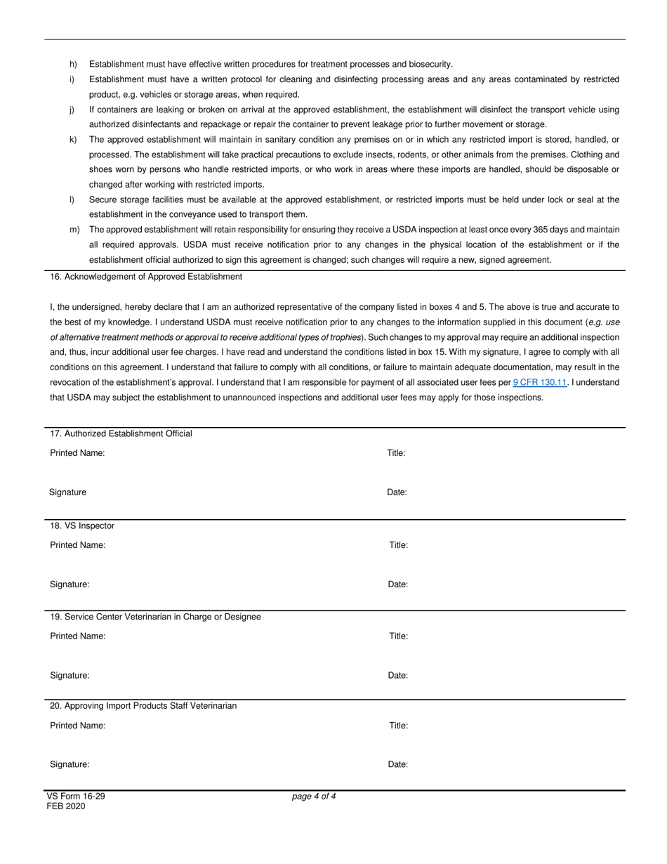 VS Form 16-29 Approved Establishment Request and Agreement to Handle Restricted Animal Byproducts (Hunting Trophies  Museum Specimens), Page 4