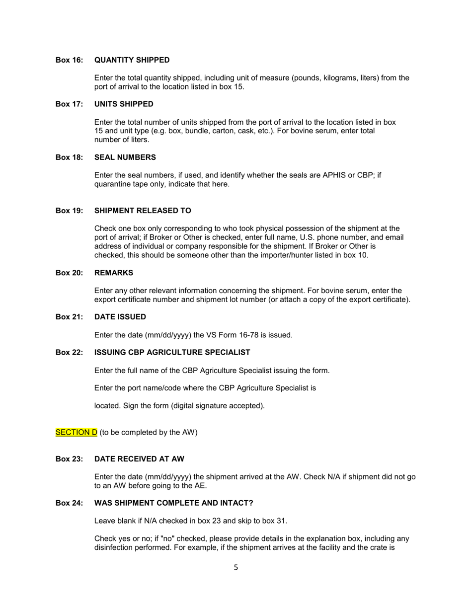 Instructions for VS Form 16-78 Report of Entry and Shipment of Restricted Imported Animal Products or Byproducts, Page 5