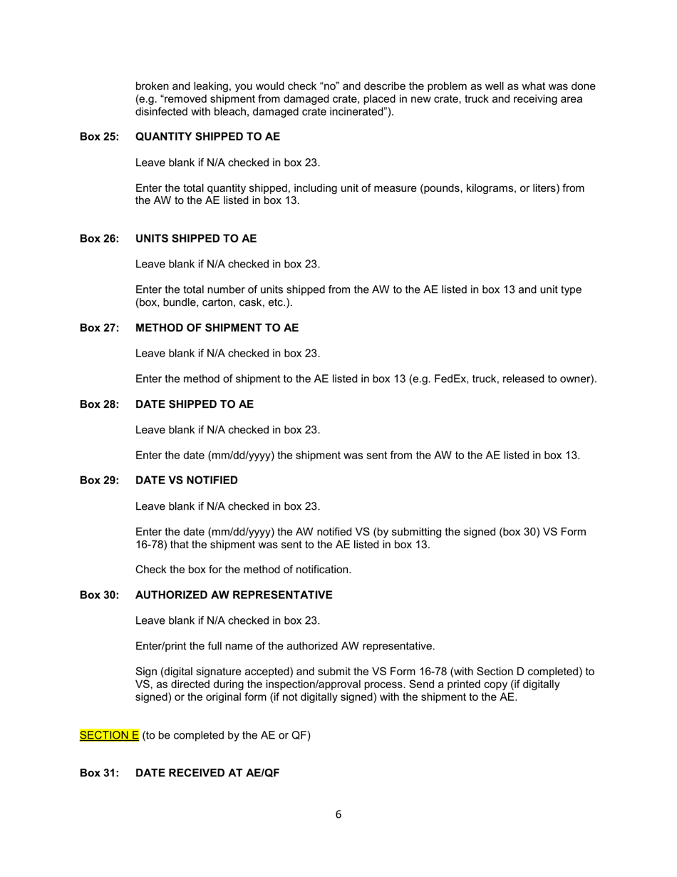 Instructions for VS Form 16-78 Report of Entry and Shipment of Restricted Imported Animal Products or Byproducts, Page 6