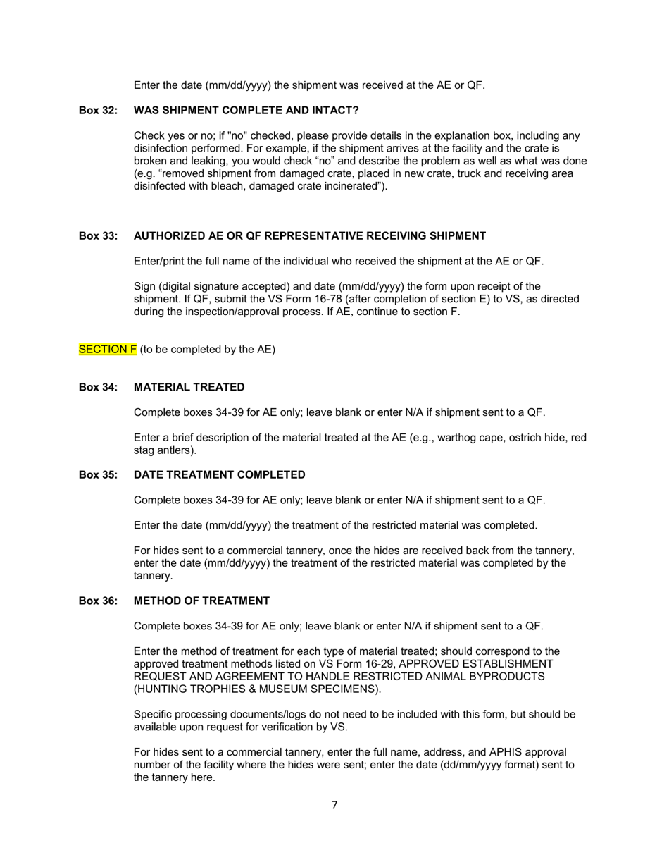 Instructions for VS Form 16-78 Report of Entry and Shipment of Restricted Imported Animal Products or Byproducts, Page 7
