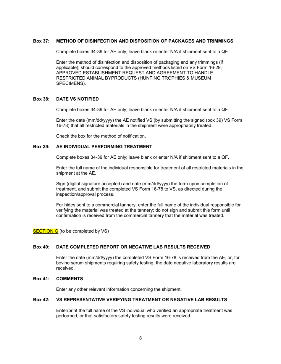 Instructions for VS Form 16-78 Report of Entry and Shipment of Restricted Imported Animal Products or Byproducts, Page 8