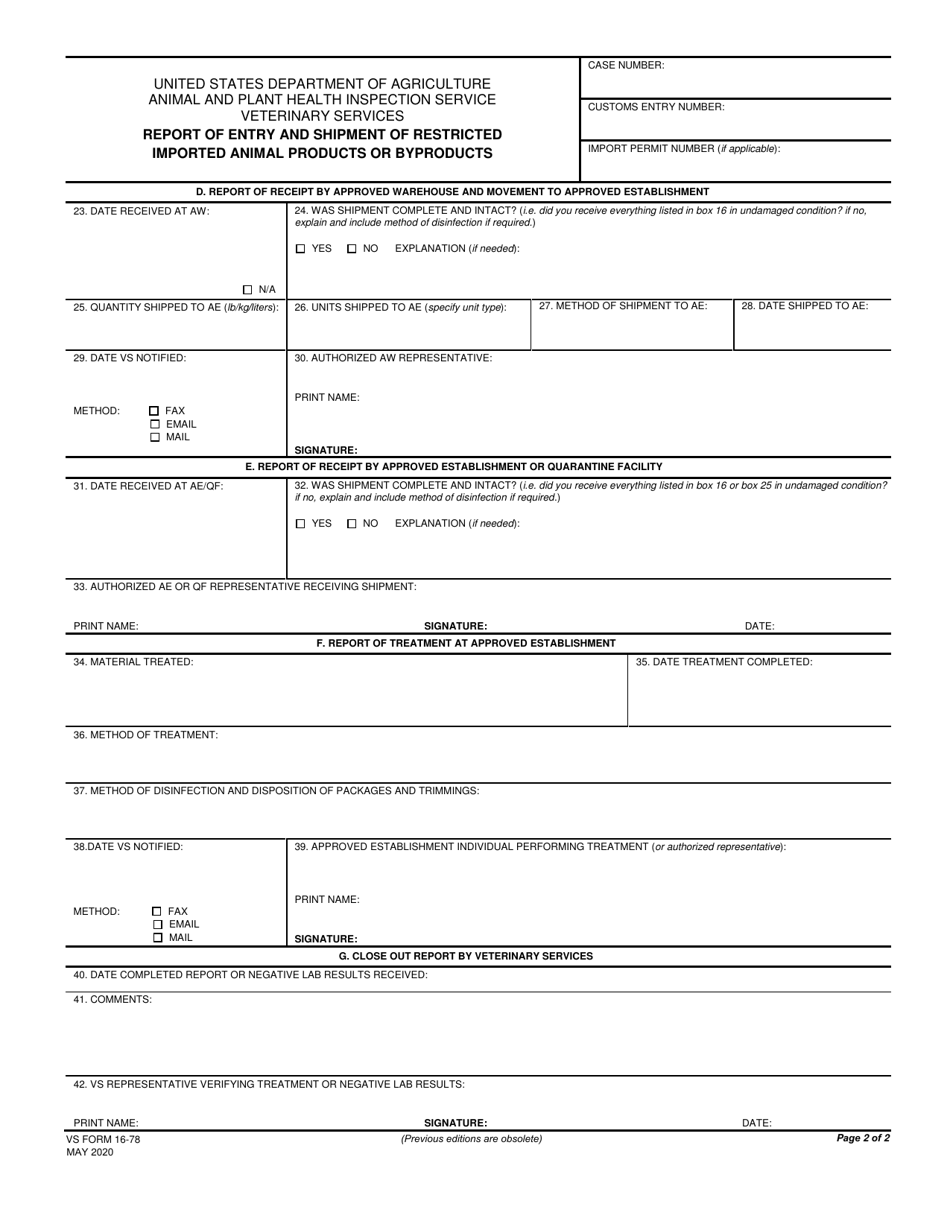 VS Form 16-78 Report of Entry and Shipment of Restricted Imported Animal Products or Byproducts, Page 2