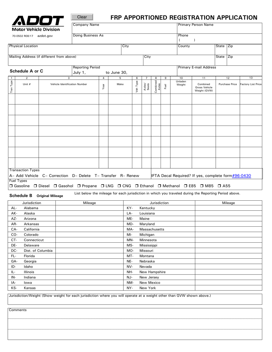 Form 70-0502 Frp Apportioned Registration Application - Arizona, Page 2