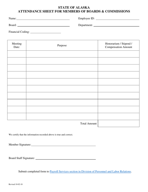 Attendance Sheet for Members of Boards & Commissions - Alaska Download Pdf