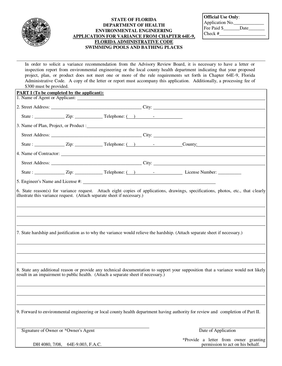 Form DH4080 Application for Variance From Chapter 64e-9, Florida Administrative Code - Swimming Pools and Bathing Places - Florida, Page 1