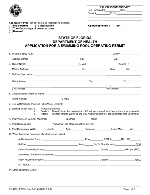 Form DH4159 Application for a Swimming Pool Operating Permit - Florida