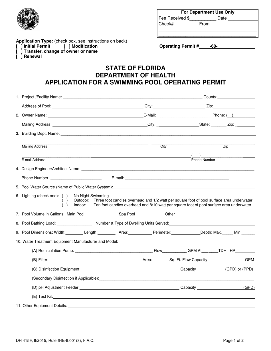 Form DH4159 Application for a Swimming Pool Operating Permit - Florida, Page 1