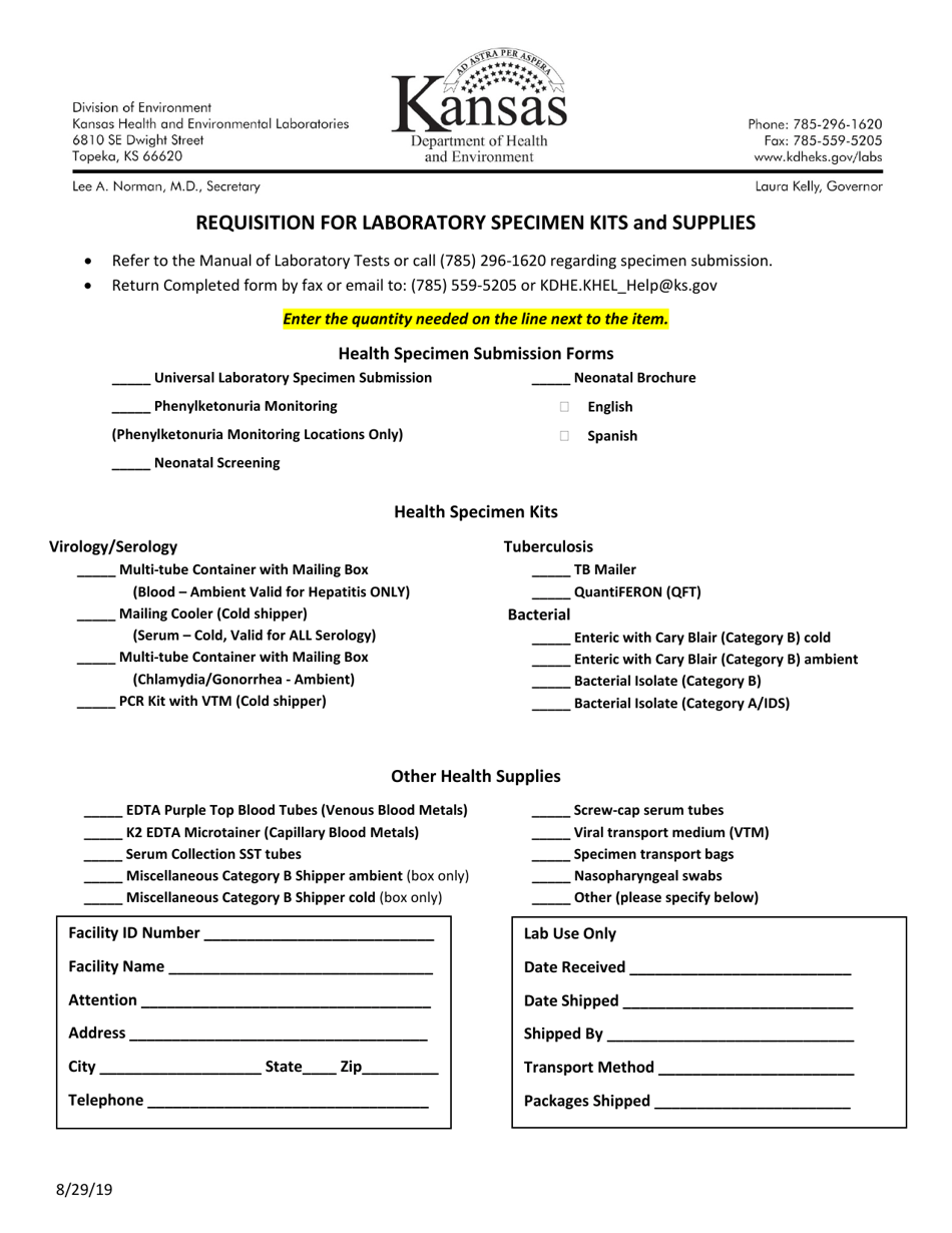 Kansas Requisition for Laboratory Specimen Kits and Supplies Fill Out