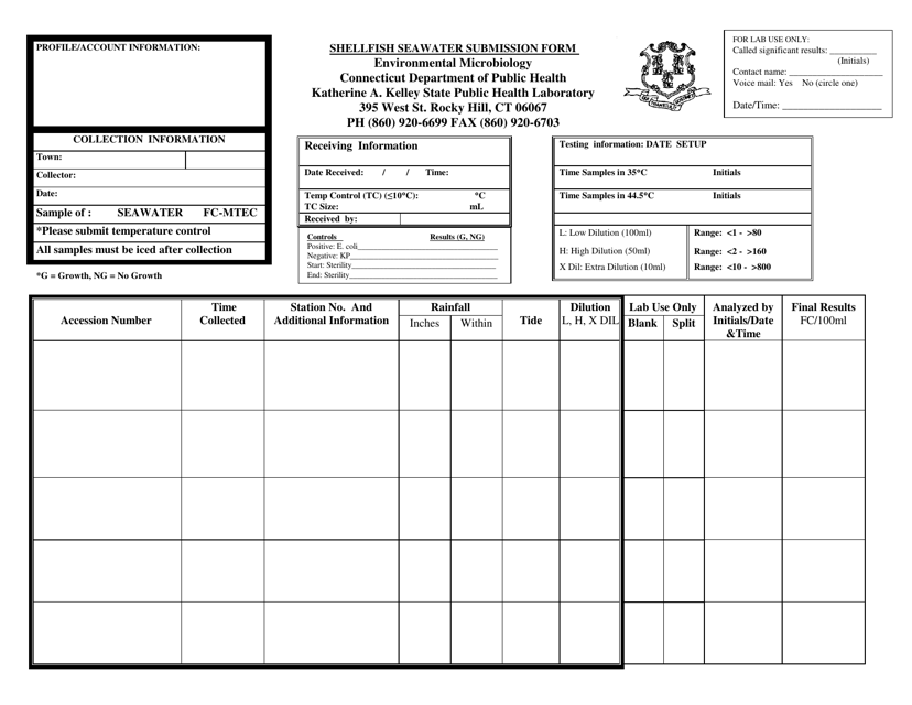 Shellfish Seawater Submission Form - Connecticut Download Pdf
