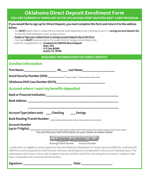 &quot;Oklahoma Direct Deposit Enrollment Form&quot; - Oklahoma Download Pdf