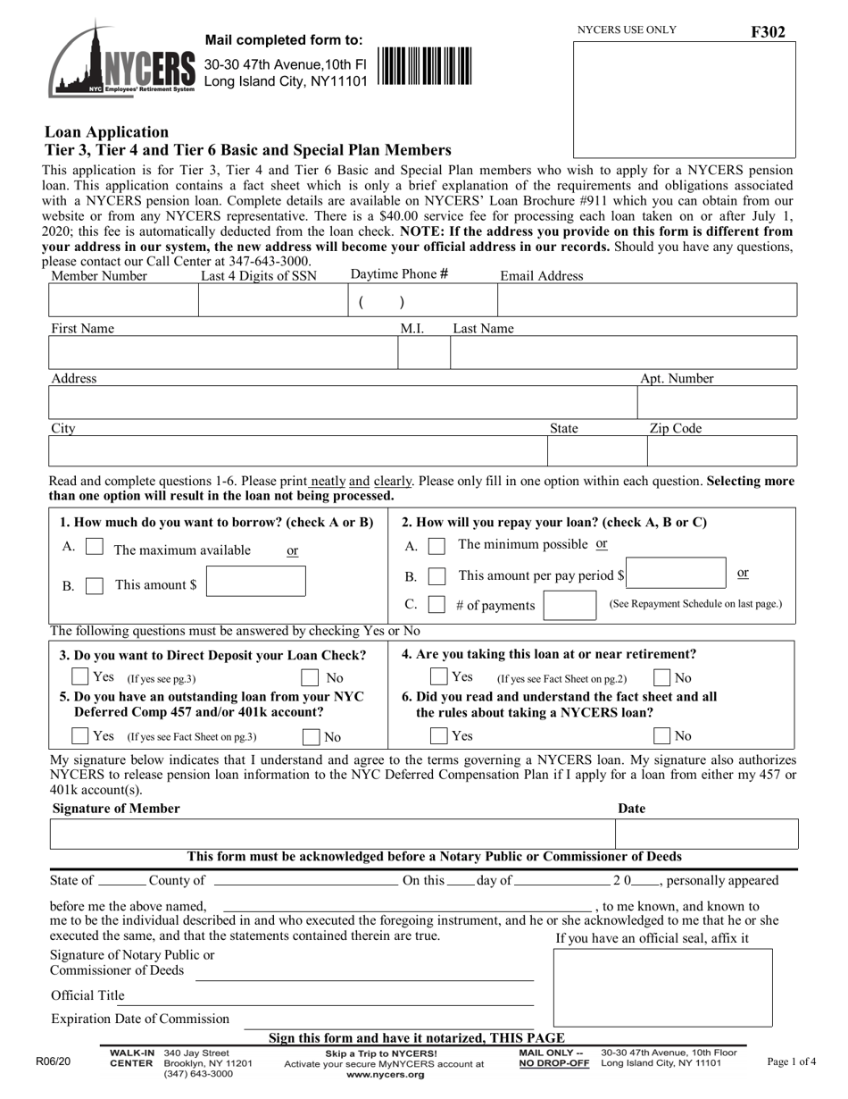 Form F302 Loan Application - Tier 3, Tier 4 and Tier 6 Basic and Special Plan Members - New York City, Page 1