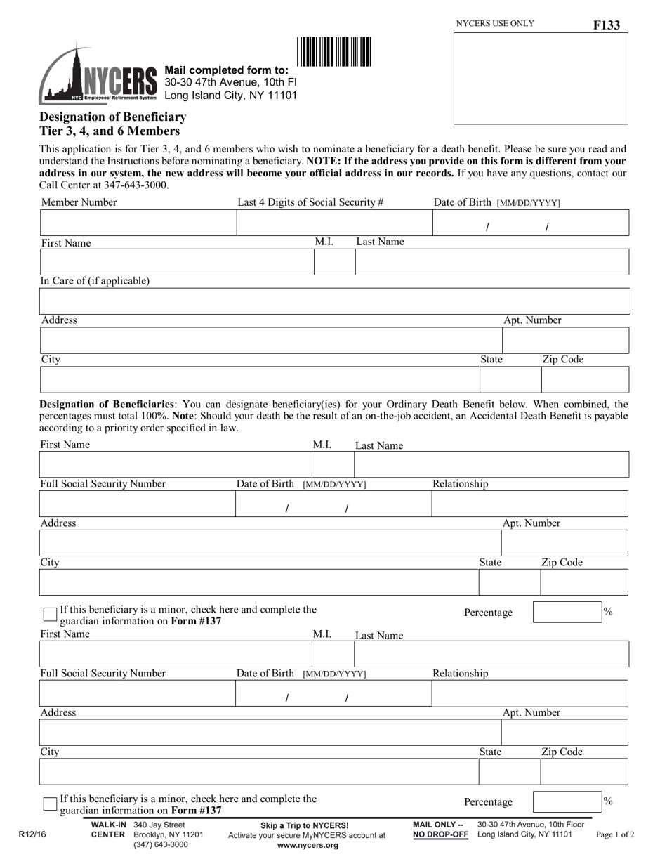 Form F133 Designation of Beneficiary Tier 3, 4, and 6 Members - New York City, Page 1