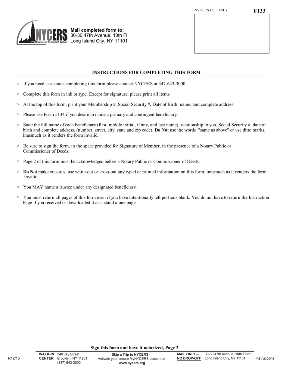 Form F133 Designation of Beneficiary Tier 3, 4, and 6 Members - New York City, Page 3