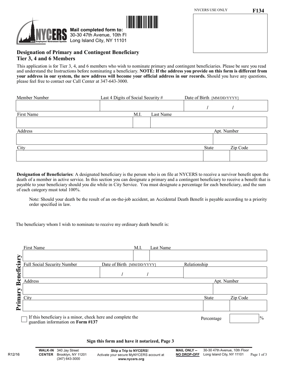 Form F134 Designation of Primary and Contingent Beneficiary Tier 3, 4 and 6 Members - New York City, Page 1