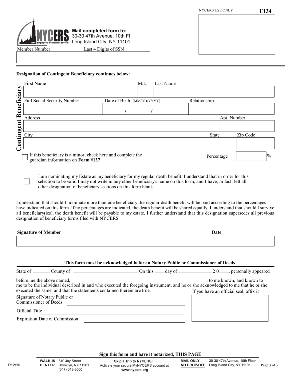 Form F134 Designation of Primary and Contingent Beneficiary Tier 3, 4 and 6 Members - New York City, Page 3