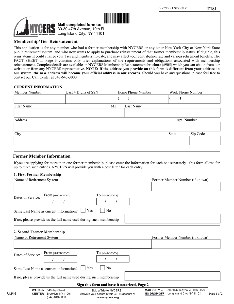 Form F181 Membership / Tier Reinstatement - New York City, Page 1