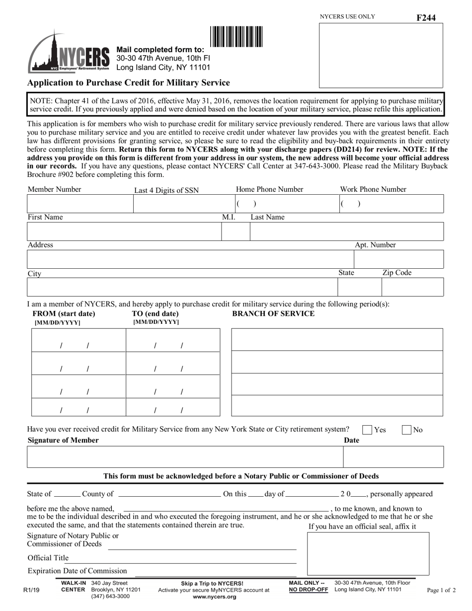 Form F244 Application to Purchase Credit for Military Service - New York City, Page 1