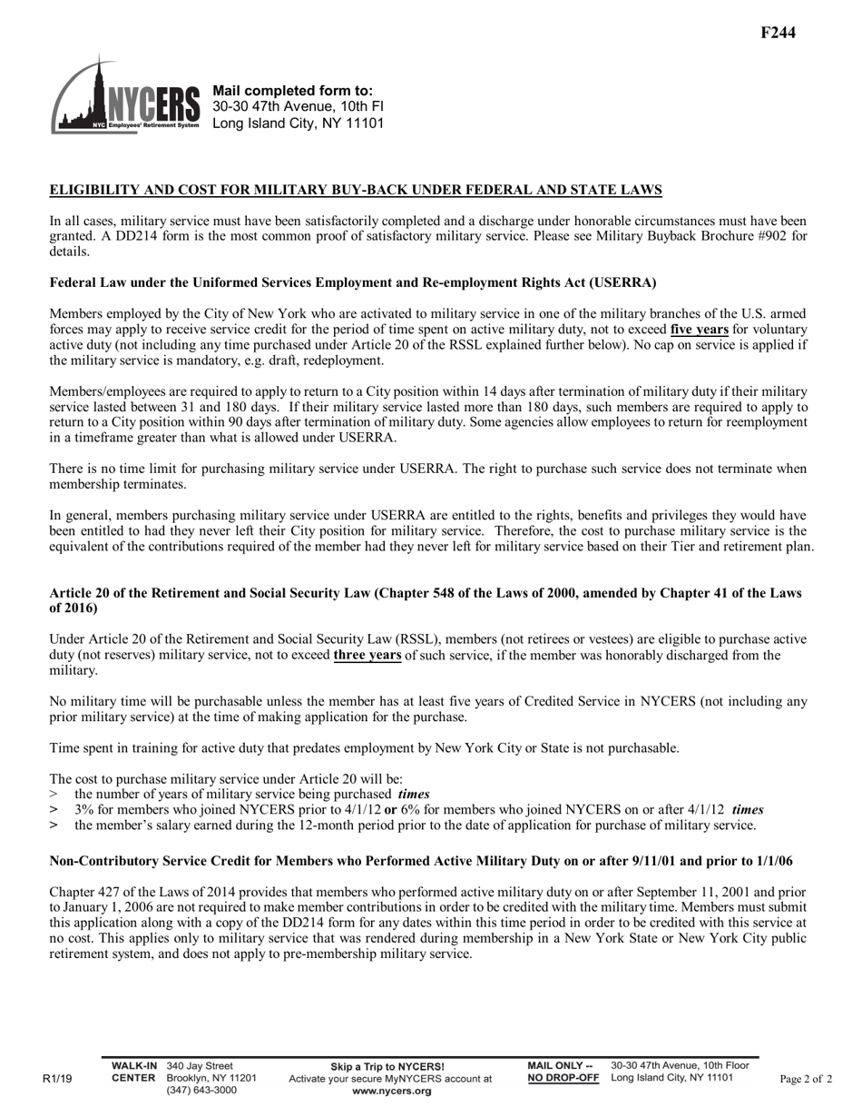 Form F244 Application to Purchase Credit for Military Service - New York City, Page 2