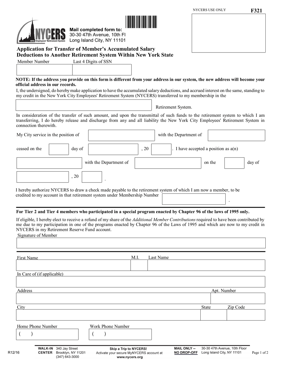 Form F321 Application for Transfer of Members Accumulated Salary Deductions to Another Retirement System Within New York State - New York City, Page 1