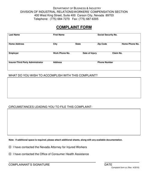 Northern Complaint Form - Nevada Download Pdf