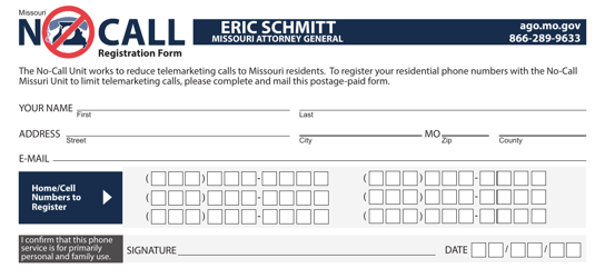&quot;No-Call Registration Form&quot; - Missouri