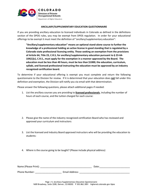 Ancillary / Supplementary Education Questionnaire - Colorado Download Pdf