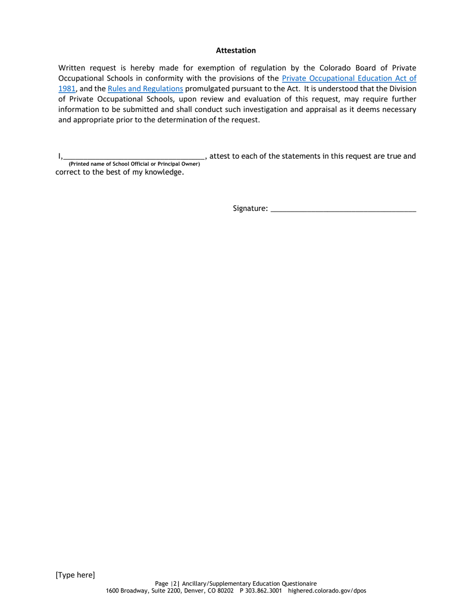 Ancillary / Supplementary Education Questionnaire - Colorado, Page 2