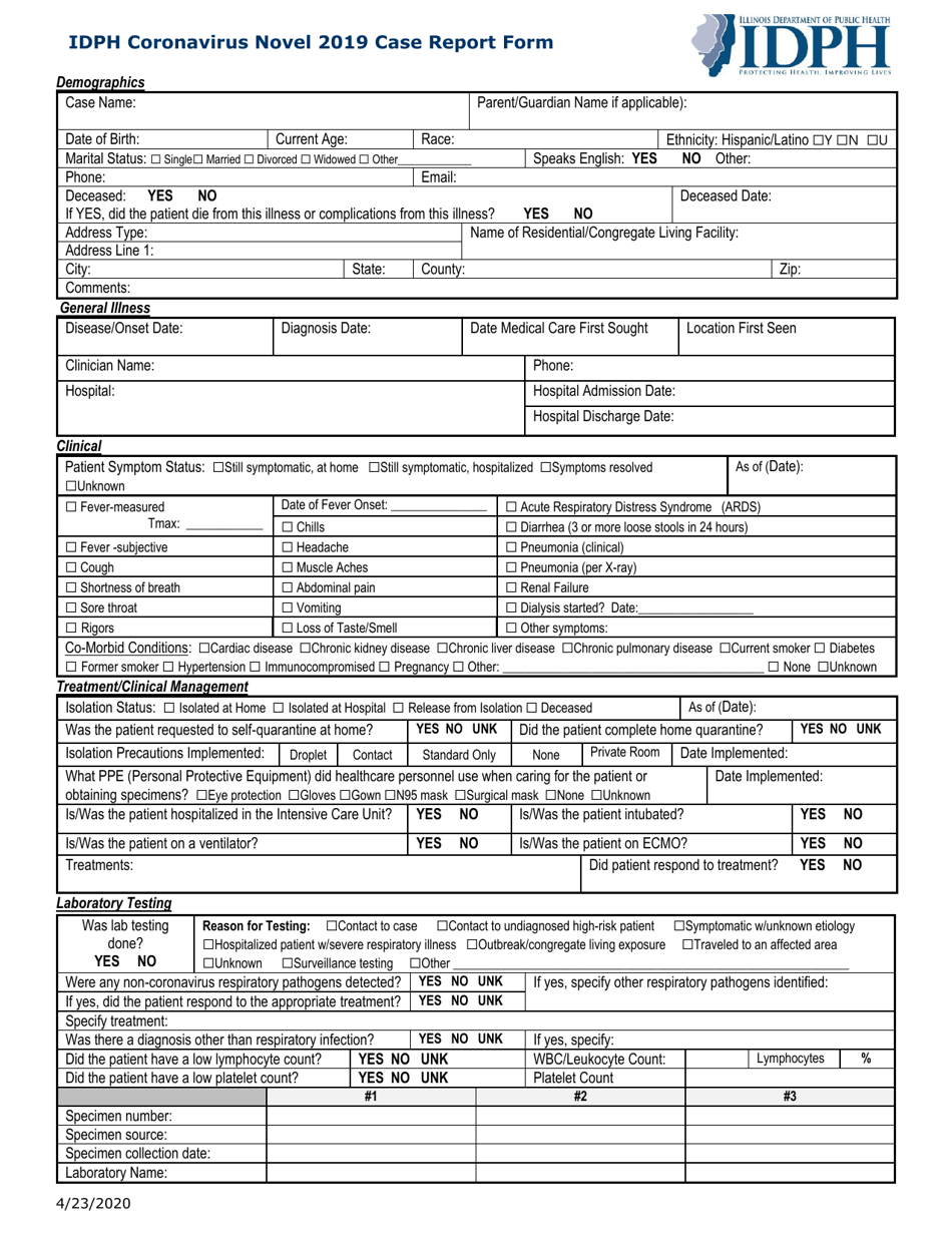 Idph Coronavirus Novel 2019 Case Report Form - Illinois, Page 1