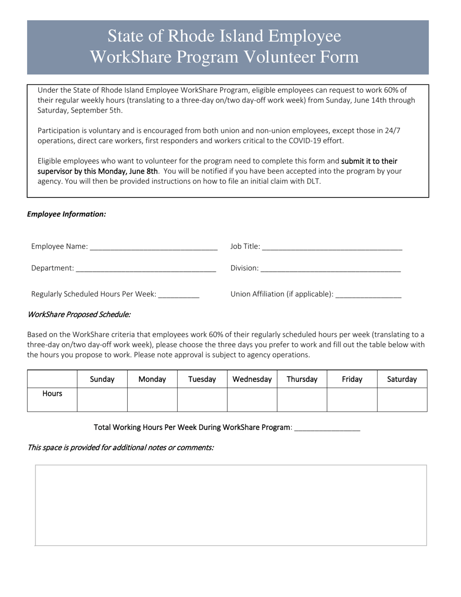 State of Rhode Island Employee Workshare Program Volunteer Form - Rhode Island, Page 1
