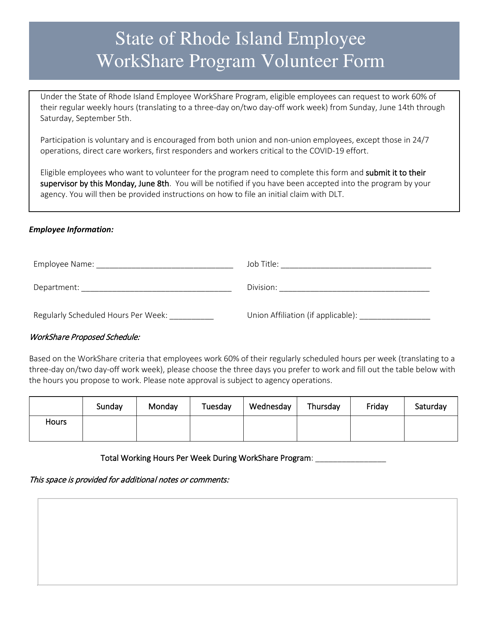 State of Rhode Island Employee Workshare Program Volunteer Form - Rhode Island Download Pdf