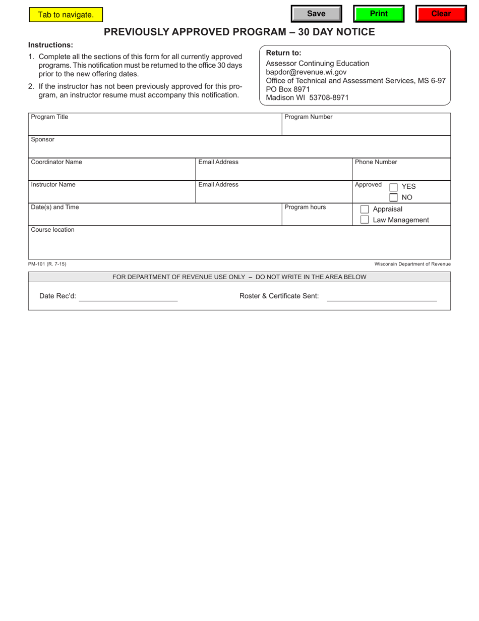 Form PM-101 Previously Approved Program - 30 Day Notice - Wisconsin, Page 1