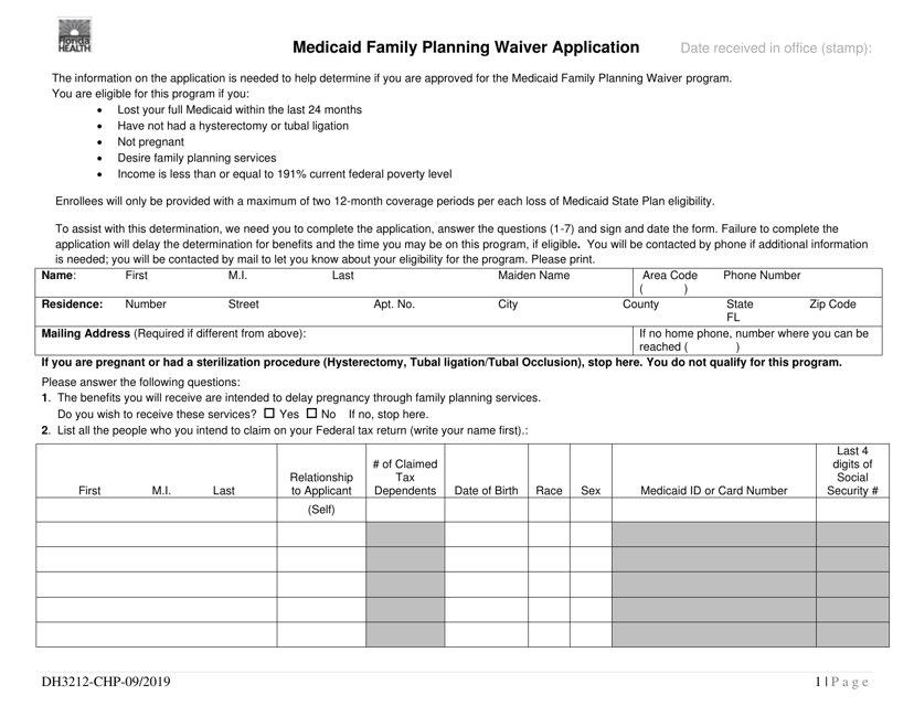 Form DH3212-CHP Medicaid Family Planning Waiver Application - Florida