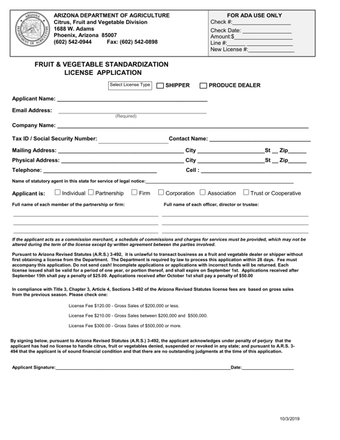 Fruit & Vegetable Standardization License Application - Arizona Download Pdf