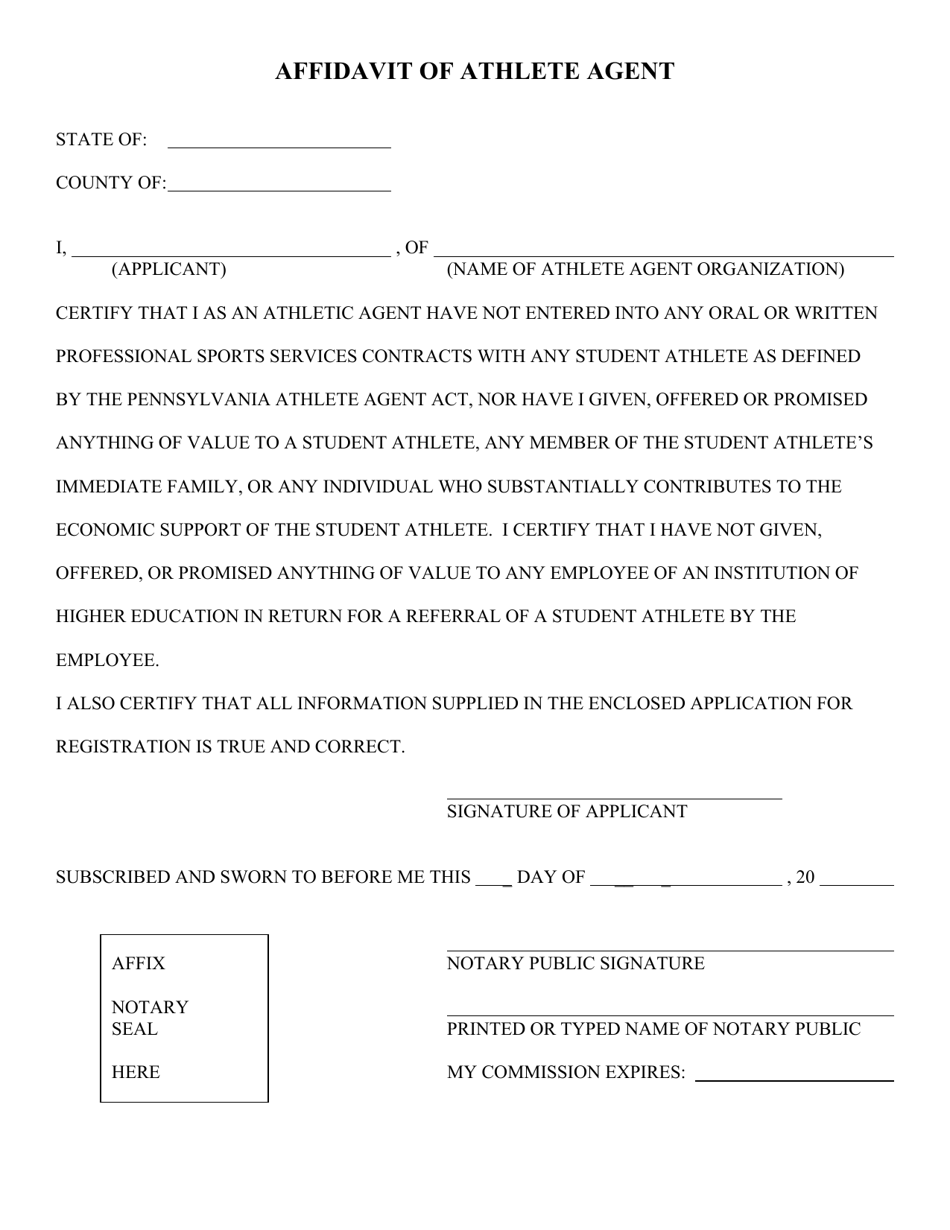 Affidavit of Athlete Agent - Pennsylvania, Page 1