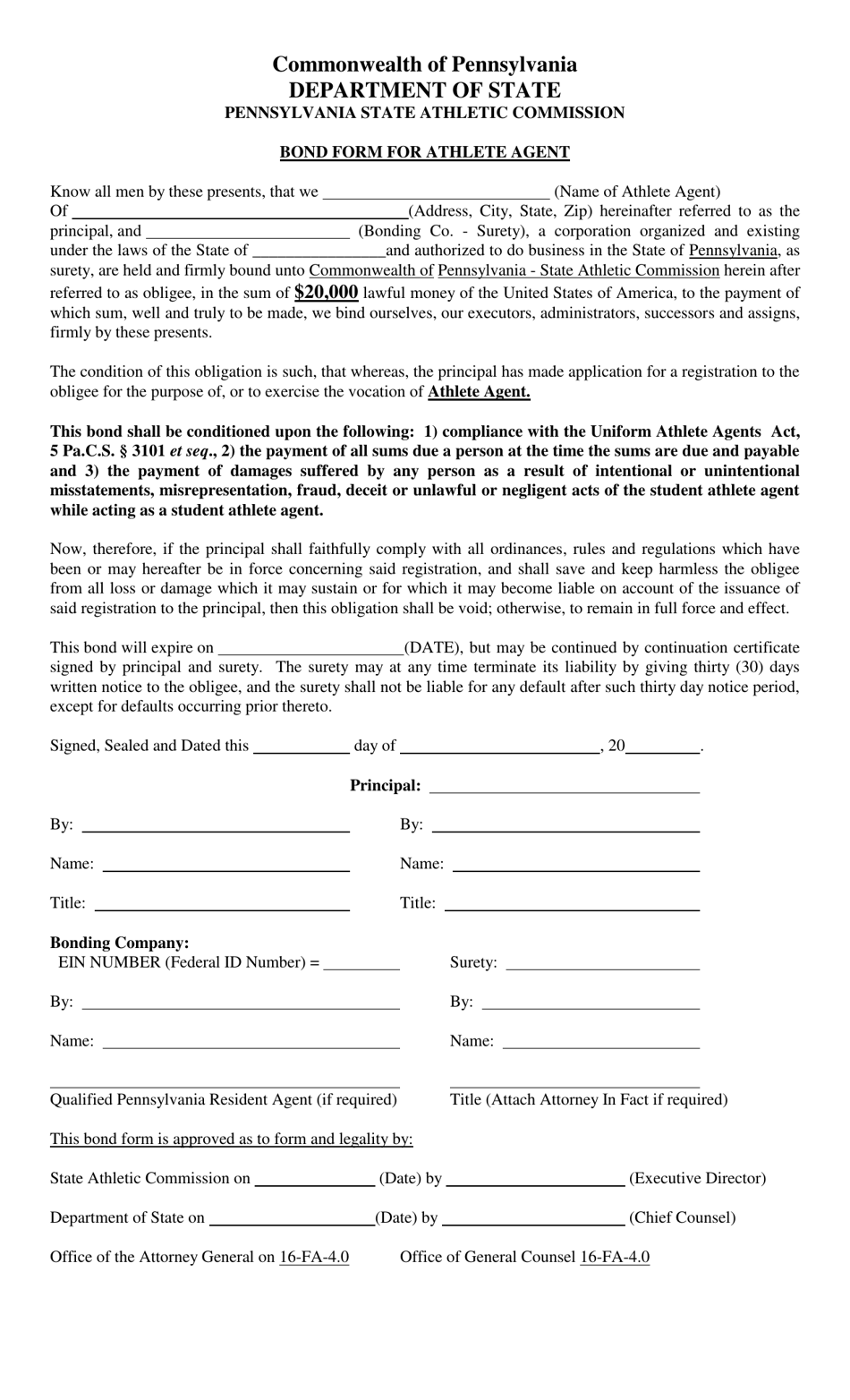 Bond Form for Athlete Agent - Pennsylvania, Page 1
