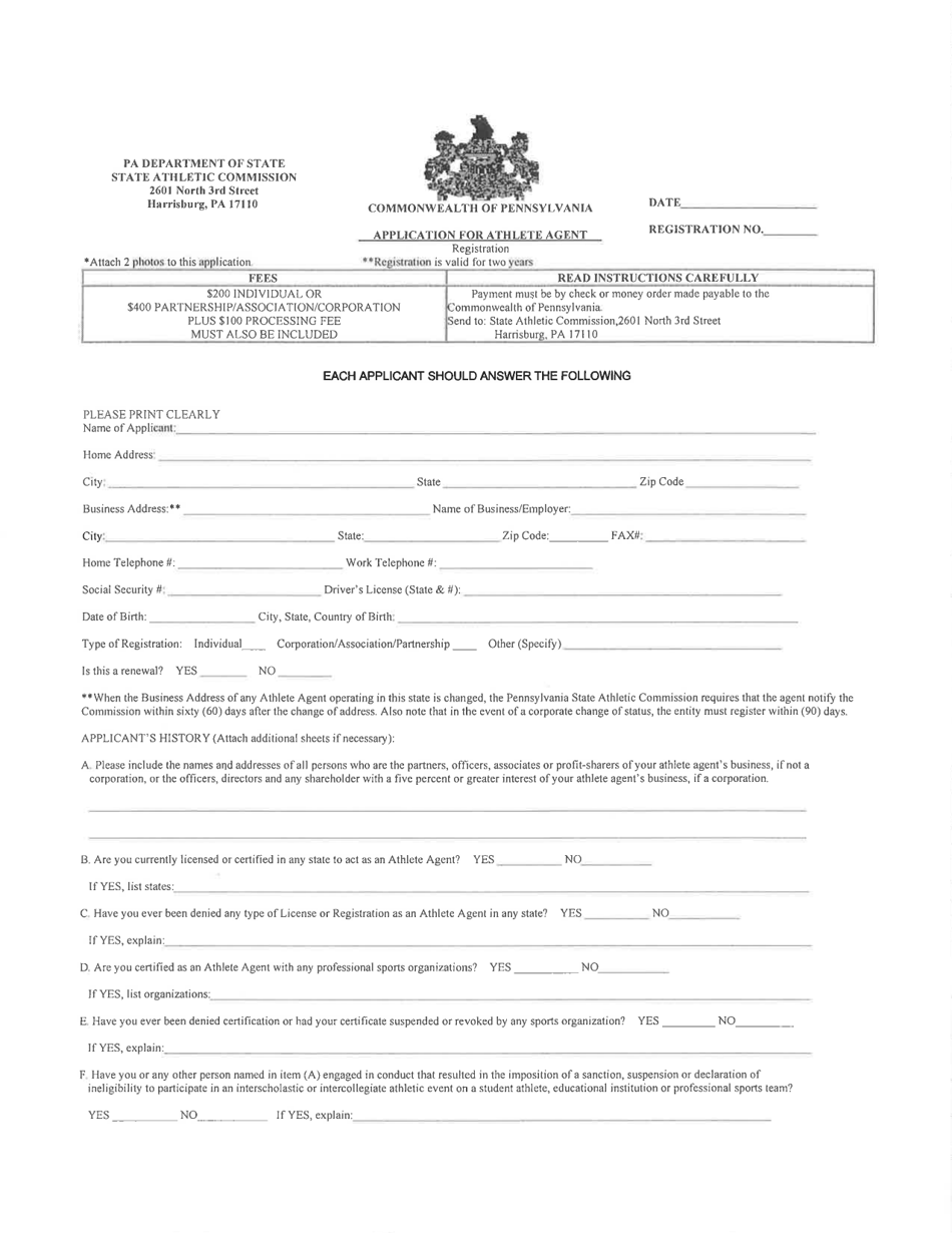 Application for Athlete Agent Registration - Pennsylvania, Page 1