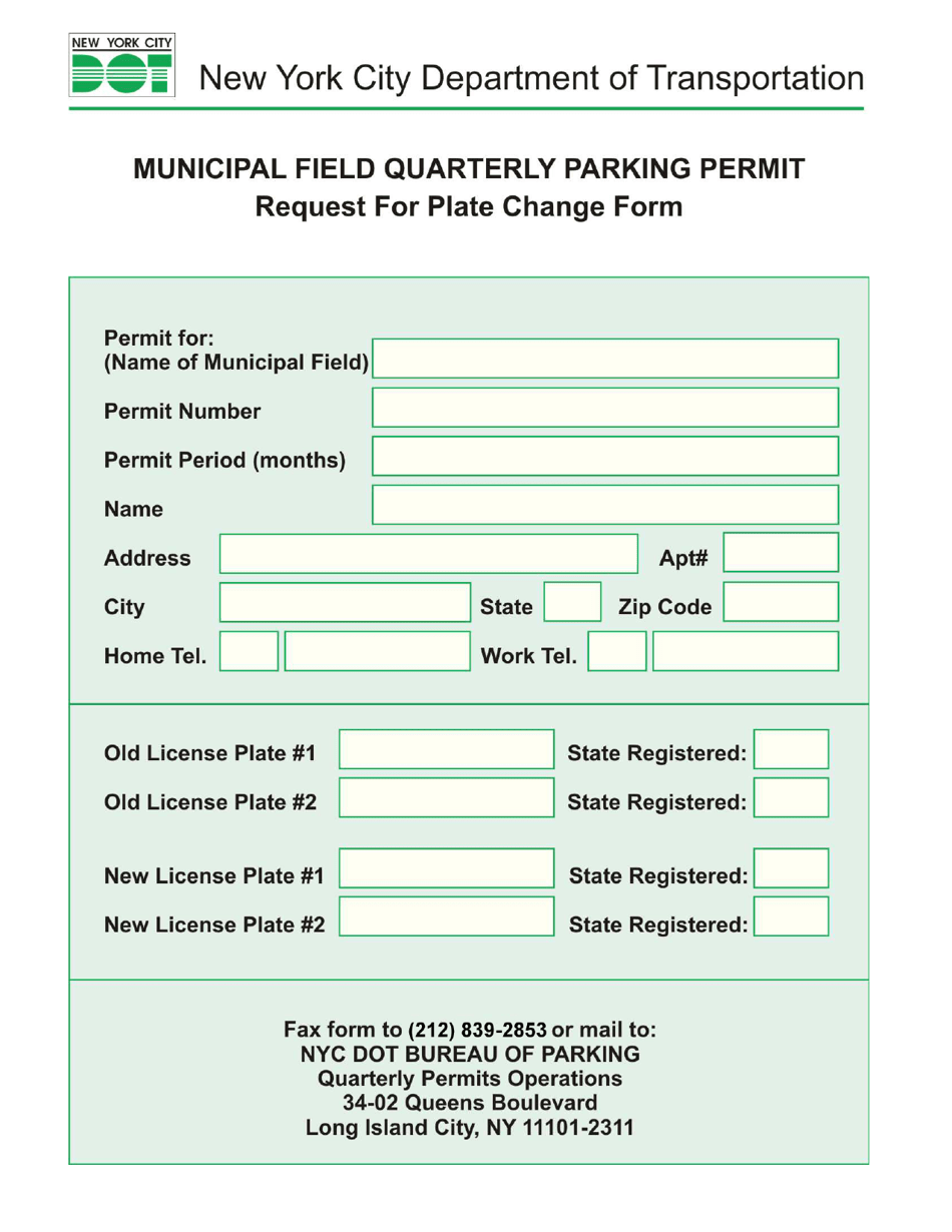 Municipal Field Quarterly Parking Permit Request for Plate Change Form - New York City, Page 1