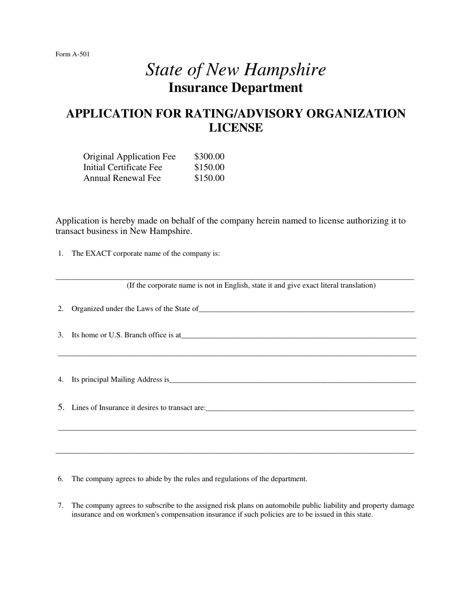 Form A-501 Application for Rating / Advisory Organization License - New Hampshire, Page 1
