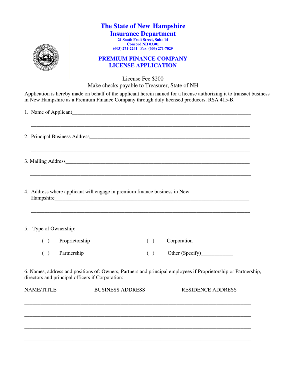 Premium Finance Company License Application - New Hampshire, Page 1