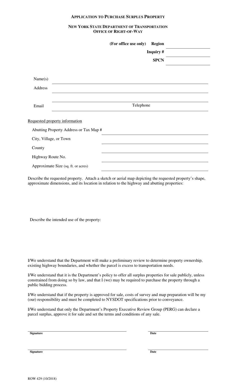 Form ROW429 Application to Purchase Surplus Property - New York, Page 1