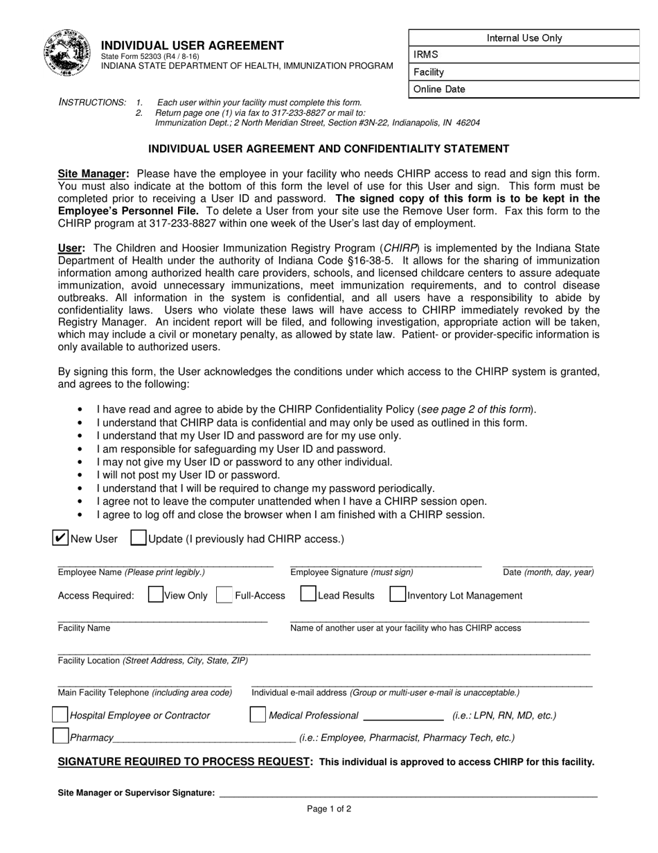 State Form 52303 Individual User Agreement - Indiana, Page 1